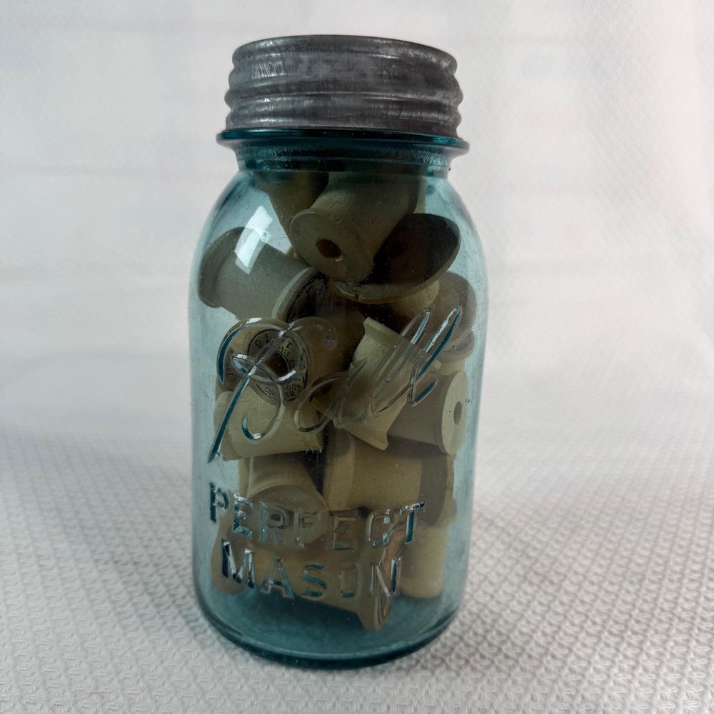 Vintage Ball Perfect Quart Mason Jar #3 Aqua Blue Glass Zinc Lid w/Wooden Spools